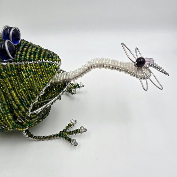 Beaded Frog With Dragonfly Figurine Wire Bead Art Freestanding Toad Bug Read - Picture 6 of 12